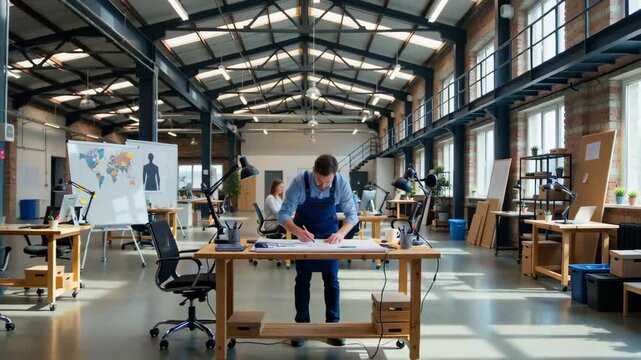 A focused man sketches on paper in a spacious, modern workshop filled with natural light