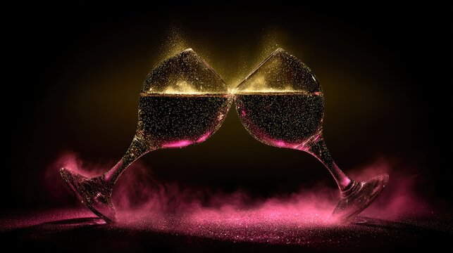 Elegant Champagne Toast with Glittering Sparkles and Vibrant Pink Hues in Dramatic Lighting