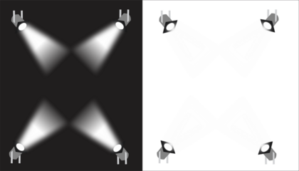 Four powerful stage spotlights shining from the corners, forming a light frame border for product presentation, sale announcement, or important message focus abstract background.