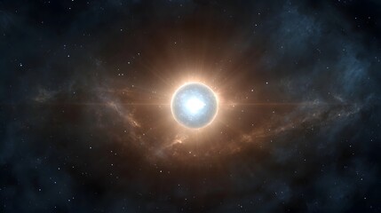 Naklejka premium A brilliant luminous celestial body glowing intensely in the vastness of deep space surrounded by cosmic dust clouds and distant stars