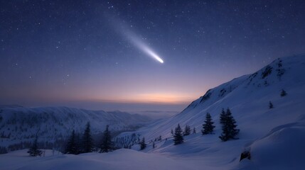A bright comet streaks across the starry twilight sky over a majestic snow covered mountain landscape with fir trees