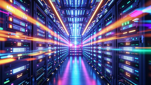 futuristic server room with glowing lights and data streams