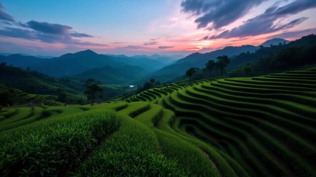 Serene Tea Terraces at Sunrise - A Breathtaking Landscape Video.