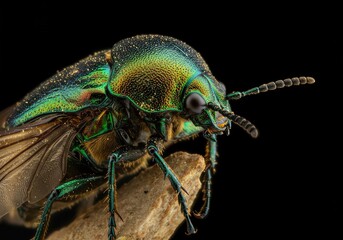 Fototapeta premium Ethereal iridescent beetle portrait, showing shimmering wings and delicate antennae bathed in soft, mystical golden light ,macro ,mystical ,angelic