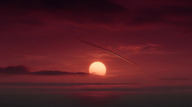 A glowing visitor with a trailing tail passes near a brilliant sun during a dramatic crimson sunset