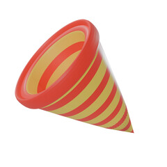 Digital art of a striped red and yellow party hat, conical shape, isolated on a clean white background, soft lighting, cheerful mood, no shadows.
