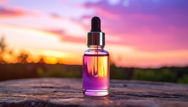 Serene dropper bottle with purple liquid with glowing sunset background, and beauty and wellness. - Powered by Adobe