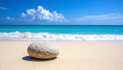 Serene Beach Scene Smooth Stone on Sandy Shoreline with Turquoise Ocean, and Blue Sky.