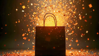 Surprising sparks and colors burst from a shopping bag in an exciting display of celebration and joy