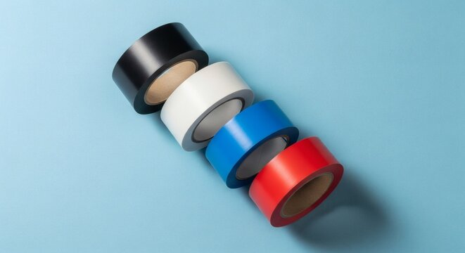 Colorful tape reels on a blue background. - Powered by Adobe