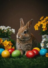 A fluffy domestic rabbit sitting near colorful dyed eggs and blooming spring flowers celebrating the arrival of Easter ,seasonal ,spring season ,natural