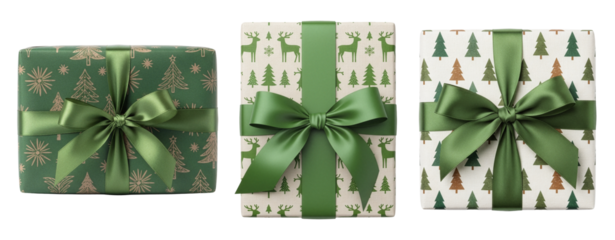 Green Christmas gift boxes with decorative ribbon and holiday patterns, isolated on transparent background