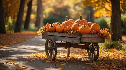 Autumn pumpkins in a rustic wooden cart on a path with fall foliage