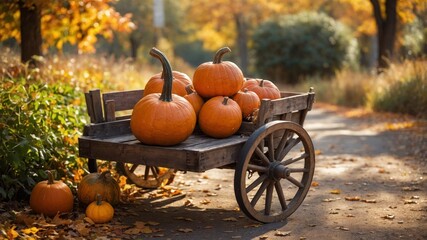 Autumn harvest scene featuring pumpkins in a rustic wooden cart on a path