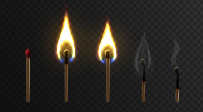 3d realistic vector icon illustration. Fire burning match stages with fire and smoke isolated on dark background.