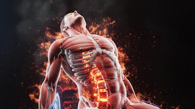 Male Human Anatomy Model Sitting with Exposed Muscles and Spine in Anatomical Illustration