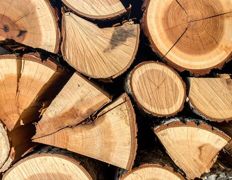 Stacked firewood logs showing wood grain and annual rings