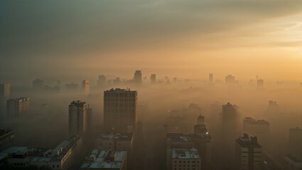 City skyline shrouded in thick fog at sunrise, creating an atmospheric urban scene
