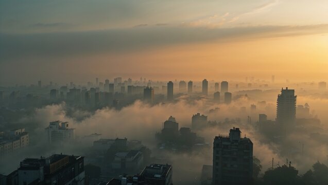 City skyline shrouded in morning fog with a beautiful golden sunrise