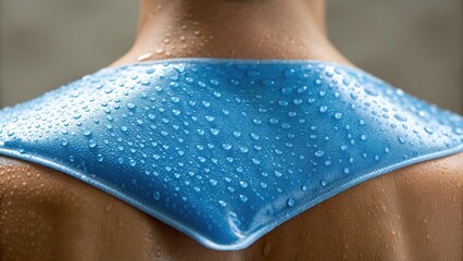 Wet blue fabric rests on a shoulder, showcasing droplets of water, suggesting freshness and a focus on comfort or relief.