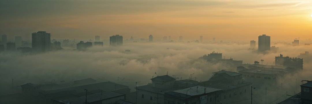 Cityscape shrouded in dense fog at sunrise, creating an ethereal atmosphere - Powered by Adobe