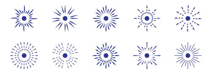 Sunrise rays light burst line shine sunshine. Set of vector line icons representing fireworks, confetti and celebration bursts. Radial circle lines. Circular radiating lines geometric design element.