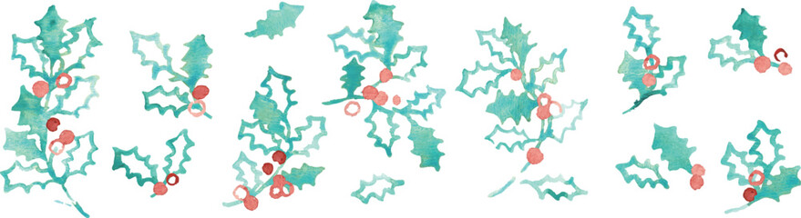 水彩画。水彩タッチのベクターイラスト。クリスマスの水彩フレーム。ヒイラギの葉っぱのクリスマス背景。Watercolor painting. Watercolor vector illustration. Christmas watercolor frame. Christmas background with holly leaves.