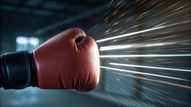 A close-up of a boxing glove delivering a punch, with dynamic motion effects suggesting speed and power. - Powered by Adobe