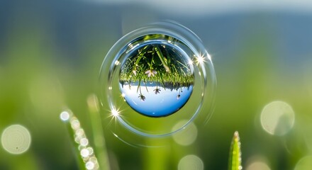 Water drop on grass reflecting green field