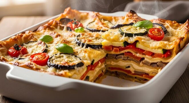Delicious vegetarian lasagna recipe with fresh vegetables and melted cheese dish - Powered by Adobe