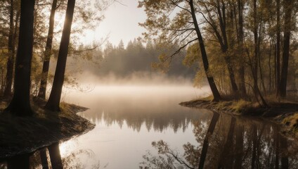 Misty Forest Lake at Sunrise with Autumn Colors and Reflections.