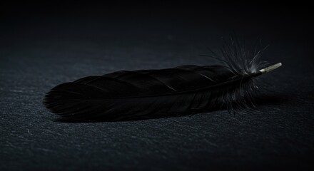 A single black raven feather gently resting on a dark, textured background, conveying themes of mystery and elegance ,simplicity ,dark ,mystery