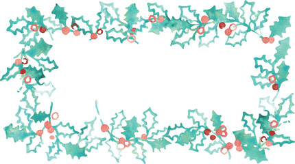 水彩画。水彩タッチのベクターイラスト。クリスマスの水彩フレーム。ヒイラギの葉っぱのクリスマス背景。Watercolor painting. Watercolor vector illustration. Christmas watercolor frame. Christmas background with holly leaves.