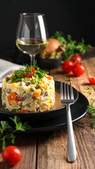 A classic salad with a glass of white wine, garnished with fresh herbs and tomatoes on a wooden table