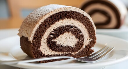 Delicious chocolate swiss roll cake dessert recipe food photography close up view