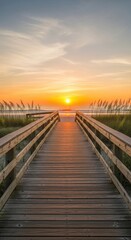 Wooden boardwalk perspective leading towards a vibrant seaside sunset horizon view