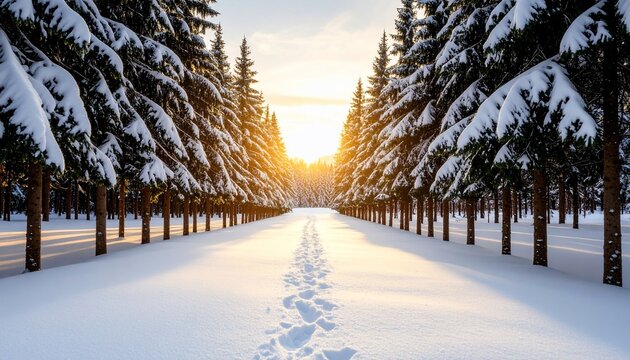 Snowy trail through snow covered pine trees with sunset in winter forest.