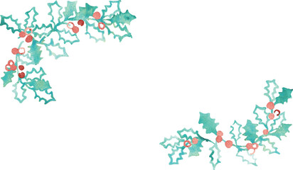 Obraz premium 水彩画。水彩タッチのベクターイラスト。クリスマスの水彩フレーム。ヒイラギの葉っぱのクリスマス背景。Watercolor painting. Watercolor vector illustration. Christmas watercolor frame. Christmas background with holly leaves.
