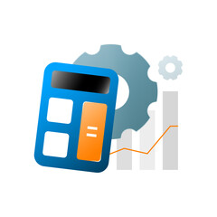 illustration of calculator and gear icon. automated calculation, data analysis, or business optimization process. for concepts related to finance, accounting, analytics, productivity, digital solution