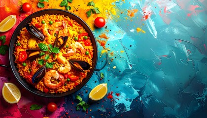 Appetizing seafood rice dish with vibrant abstract background
