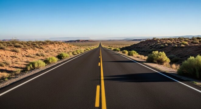Desert Road Trip Endless Highway Under a Blue Sky.