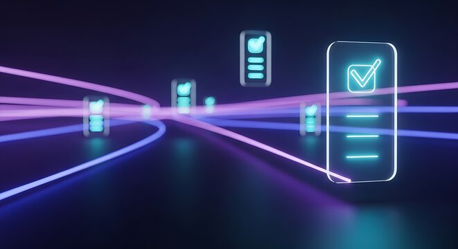 Streamlined digital workflow with glowing checklist icons for modern business solutions, ensuring efficient task management and increased productivity today