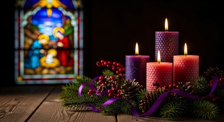 Advent Sunday Candles Wreath Nativity Scene Religious Holiday Tradition Purple Lighting Decoration