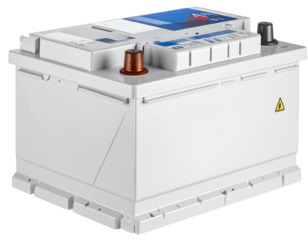 Modern automotive power battery featuring clearly defined terminals and enhanced safety components in a precision-detailed design, isolated on a transparent background, PNG