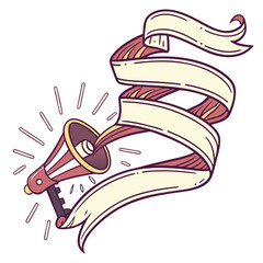 Megaphone with a swirling ribbon banner for announcements