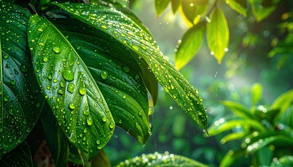 Lush green leaves with glistening water droplets with nature beauty background.