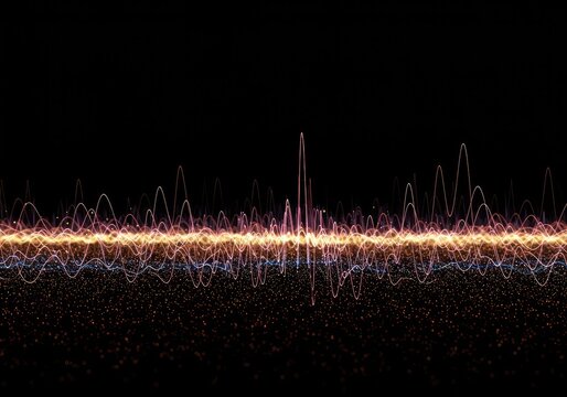 Dynamic, flowing visualization of complex energy patterns and oscillating data streams, showcasing abstract digital frequency waves on a dark field ,signal ,rendering ,dark