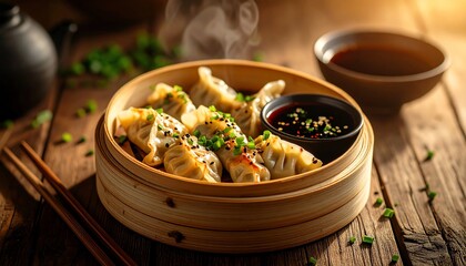 Steaming Asian Dumplings in Bamboo Steamer with Soy Sauce with Wooden Table.