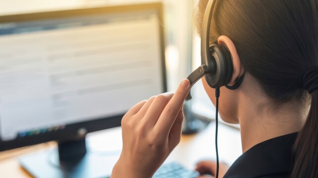 Customer Support Representative at Work: A customer service professional, engrossed in their duties, manages communication through a headset, meticulously assisting clients. - Powered by Adobe