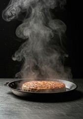 A sizzling, freshly prepared meal rests on a stainless steel surface, featuring intense steam vapor rising dramatically into the air ,serving ,boiling ,cooktop